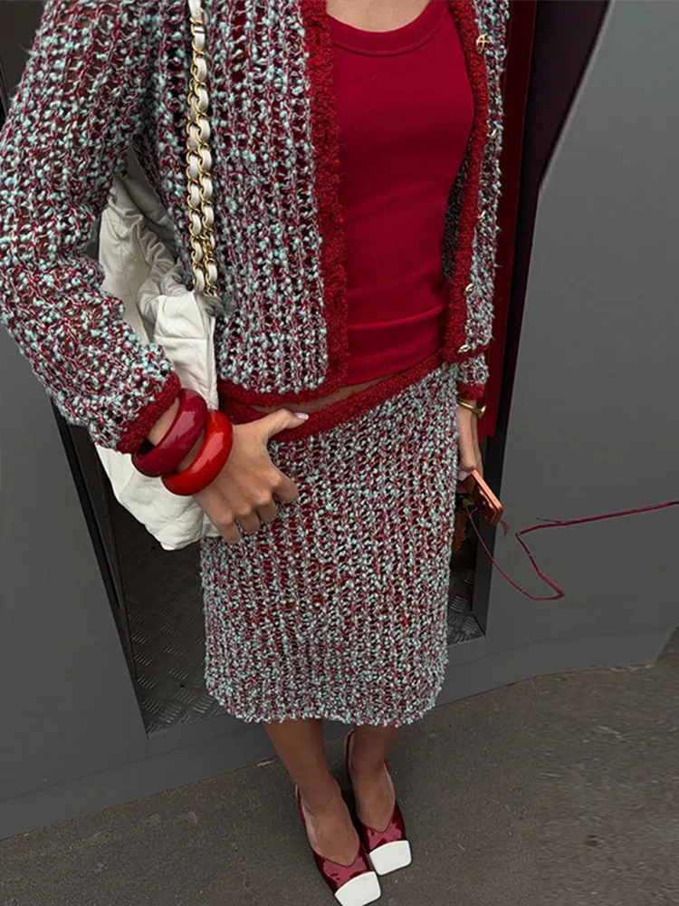 Elegant Knitted Women's Skirts Suits Long Sleeve O-Neck Full Sleeve Cardigan Hip Package Skirt 2026 Autumn Female Outfits New