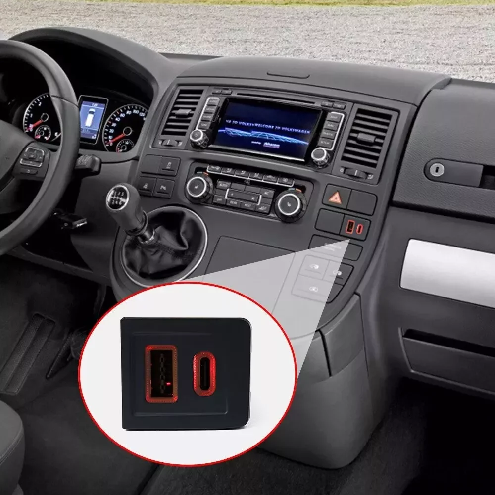 

1pc Car Accessories USB PD+QC 2 Port Socket Car Center Console Switch Button For VW Multivan T5 USB Car PD Port Fast Charging