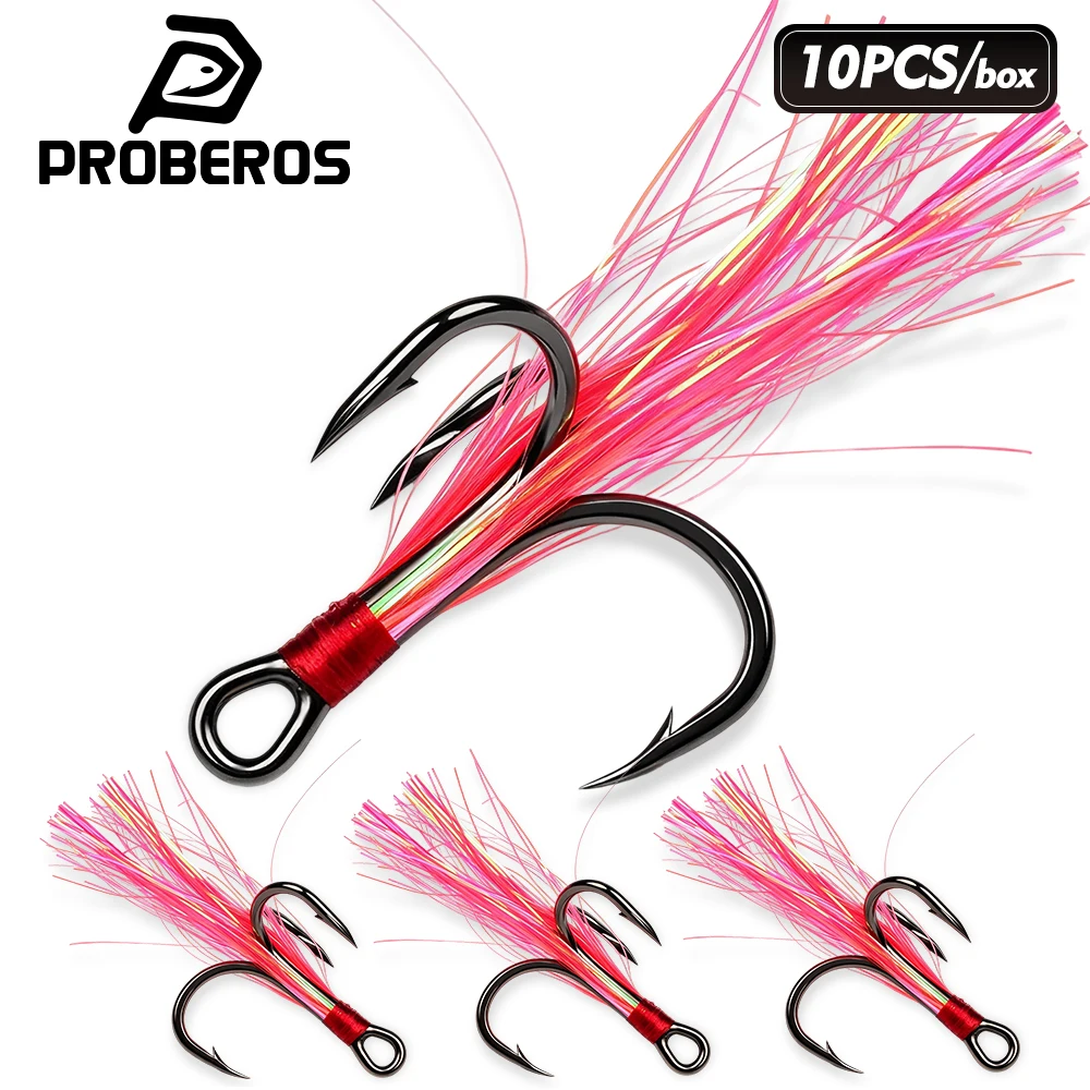 PROBEROS 60Pcs Feather Dressed Treble Fishing Hooks High Carbon Steel Black Barbed Flash Teaser Triple Hooks Hard Lure Hooks