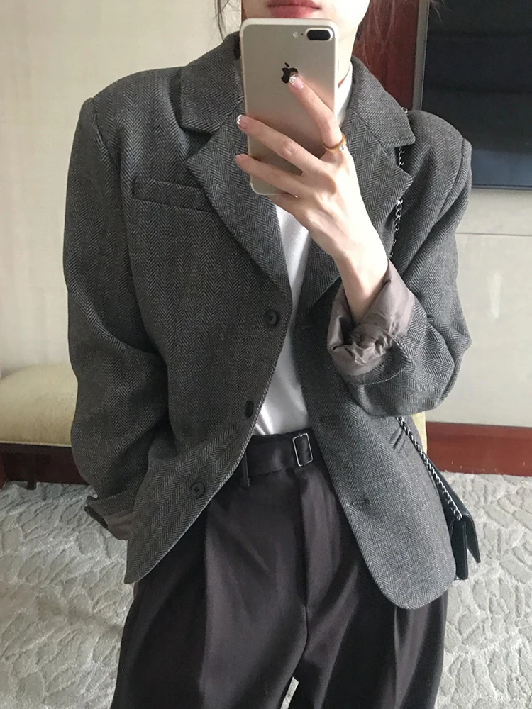 Vintage Herringbone Wool Suit Jacket Coat Single Breasted Loose Casual Elegant Jacket Coat Female 2024 Autumn Winter Coffee Grey