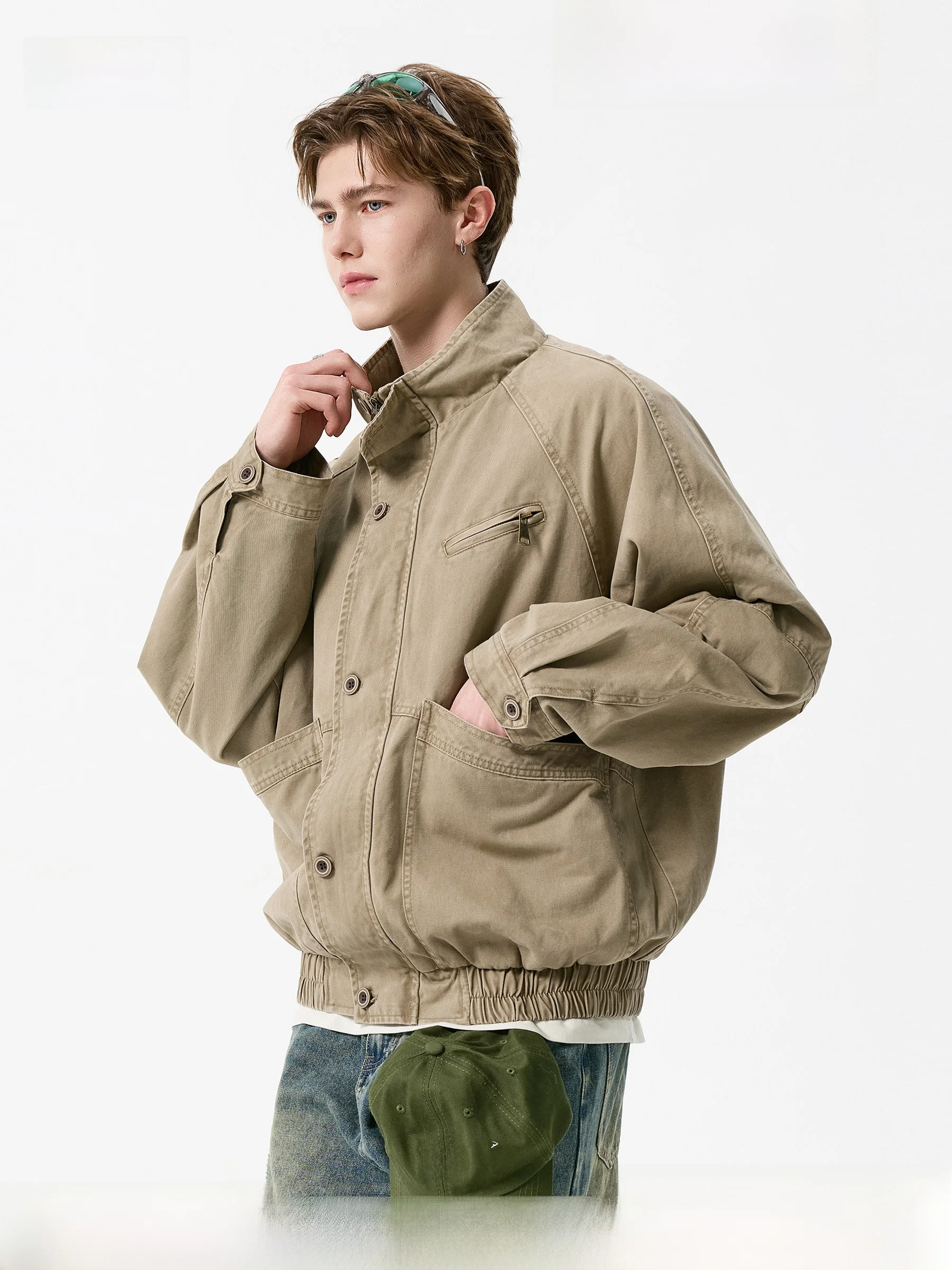 

DPX Spring American Retro Stand Collar Workwear Jaet Men's Loose Waed Pure Cotton Casual Jaet Top Breathable Youth Trend