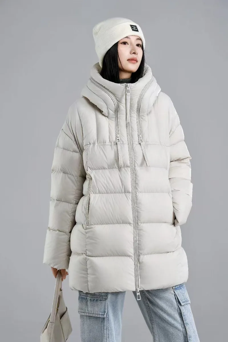 Winter Solid Hooded Mid Length Down Jacket Women 90% White Duck Down Loose Down Jacket Female Warm Double Zipper Parker Outwears