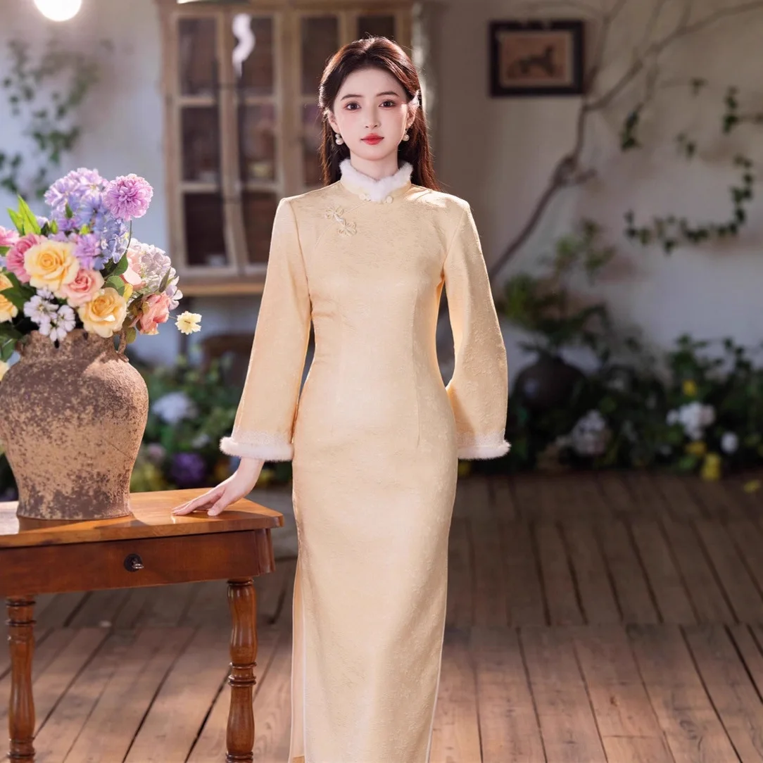 

Yourqipao 2025, зимнее Ципао, жаккардовое, мягкое, бархатное, утолщенное, с перевернутым, с большими рукавами, кружевное, с длинным воротником-стойкой, Cheongsam для женщин