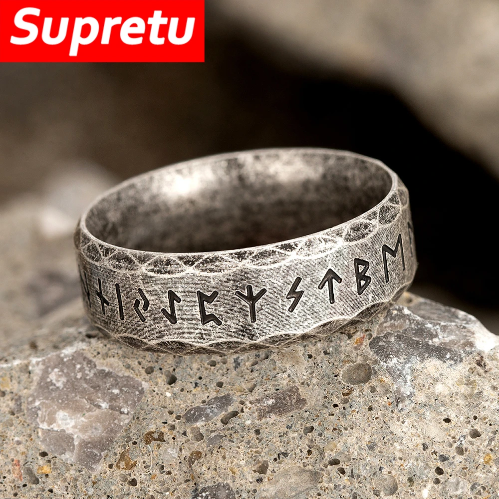 Aço inoxidável vikings futhark runas anéis dos homens nunca desaparecer antigo prata cor valknut amuleto vintage escandinavo jóias presente