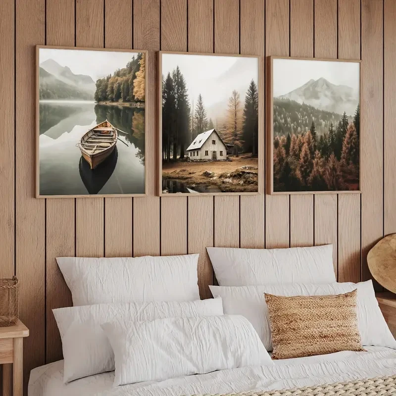 

3pcs/Set Lake Murals Landscape Walls Posters Natural Nordic Farmhouses Mountains Galleries Hanging Paintings Room Decorations