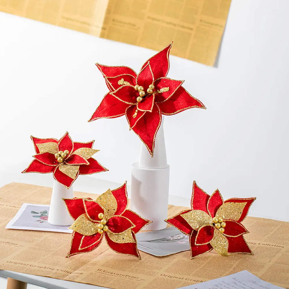 

2 Pcs Decorative Artificial Flower Decoration Christmas Xmas Red Cloth Fake Flowers