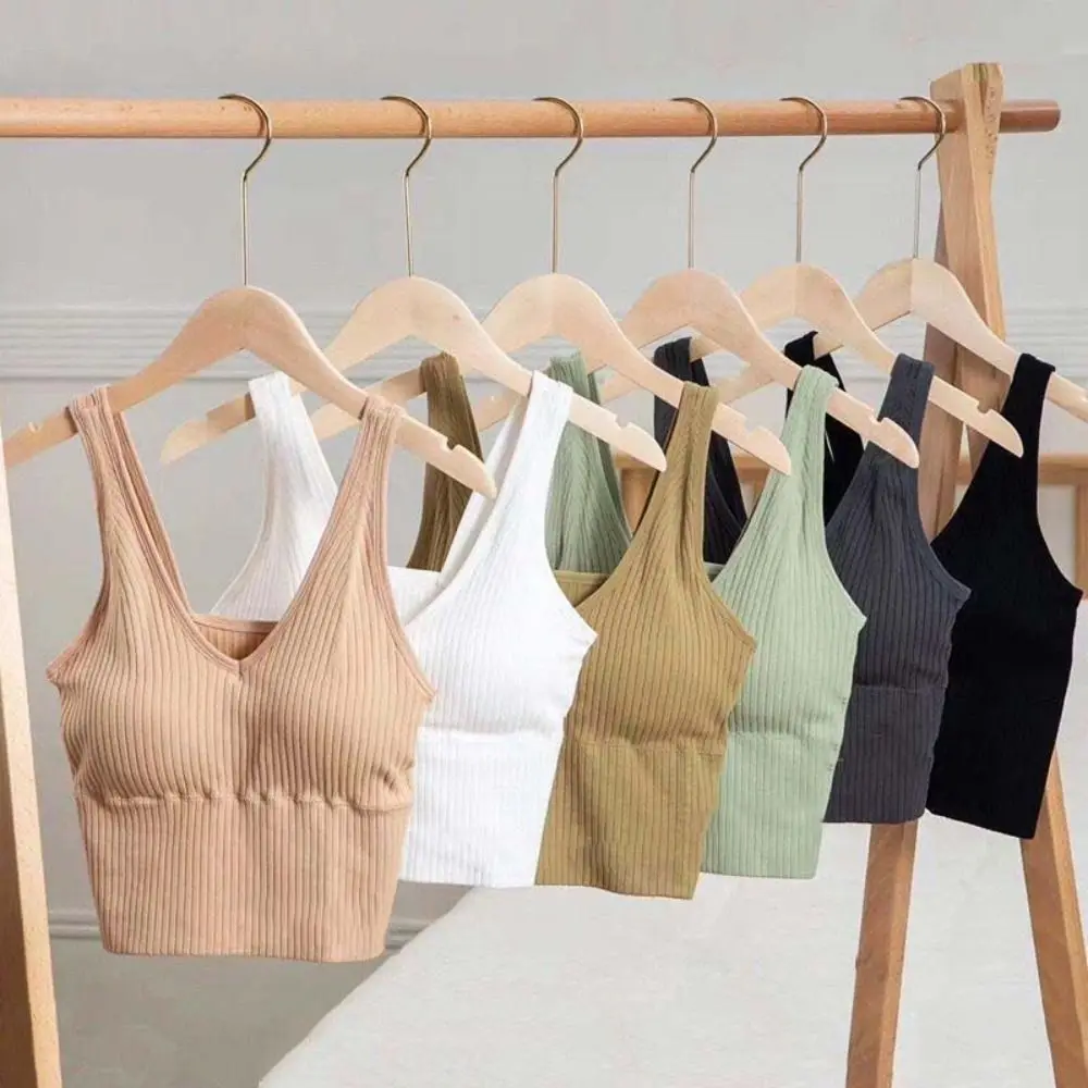 

Shockproof V-neck Solid Thread Camisole Gather Beauty Back Bra with Pads Camisole Tube Tanks Push Up Seamless Vest Top Women