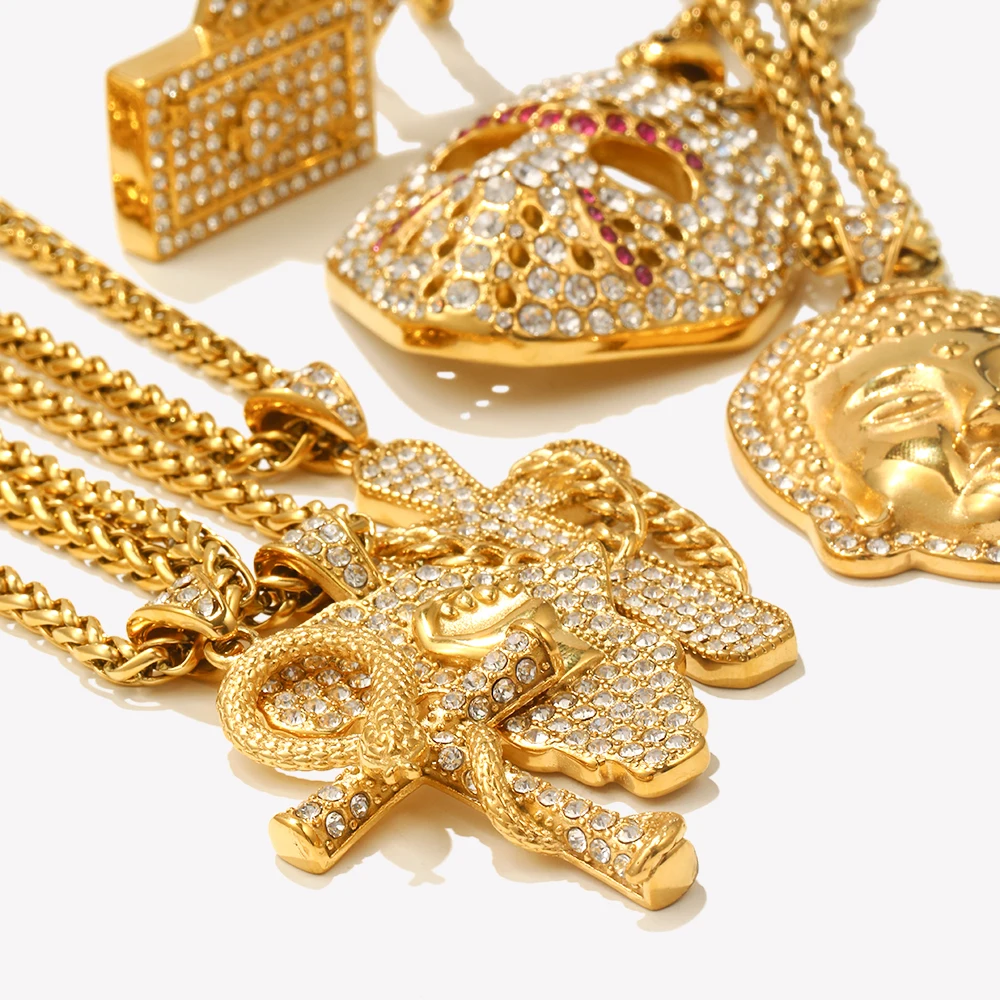 E.B.belle Luxury Full Rhinestone Skull Poker Cross Buddha Head Pendant Necklace  Stainless Steel Women Men Jewelry