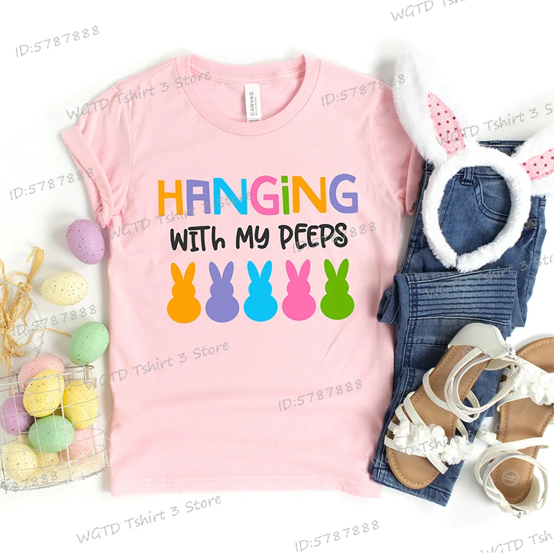 Hanging with My Peeps Easter Classic T-shirts Women Happy Easter Bunny Shirt Cute Peeps Gift Funny Easter Rabbit Women Tees Tops