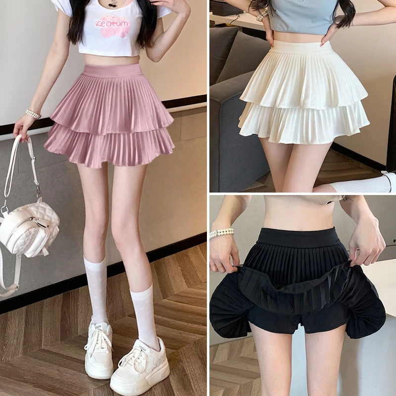 Korean Fashion Bandage Pleated High Waist Skirts Women's Elastic Waist Solid Color A-line Skirt Sweet Mini Dress Cupcake Skirts