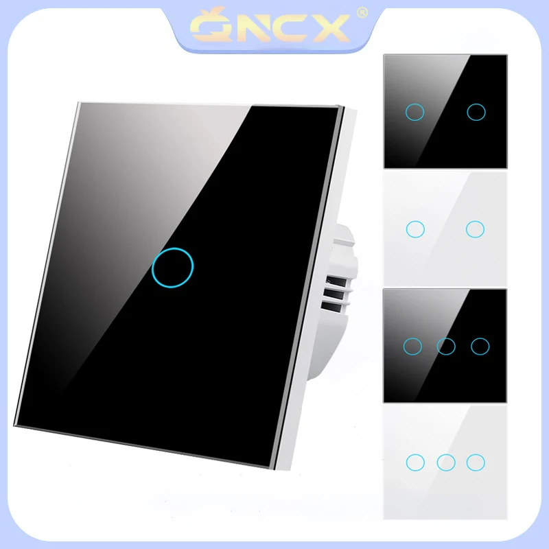 QNCX EU Touch Switch AC100-240V Wall Light Switches Led Backlight Sensor Panel Crystal Glass Lamp Button On Off No Neutral Wire