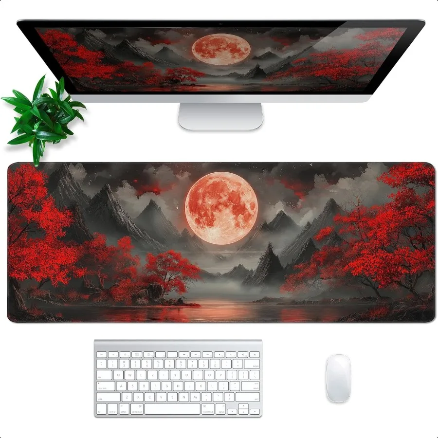 Darkn Red Moon Mouse Pad Abstract Red Mouse Pad 31.5x11.8 Inch Texture NonSlip Rubber Base Large Mousepad Stitched Edges Keyboa