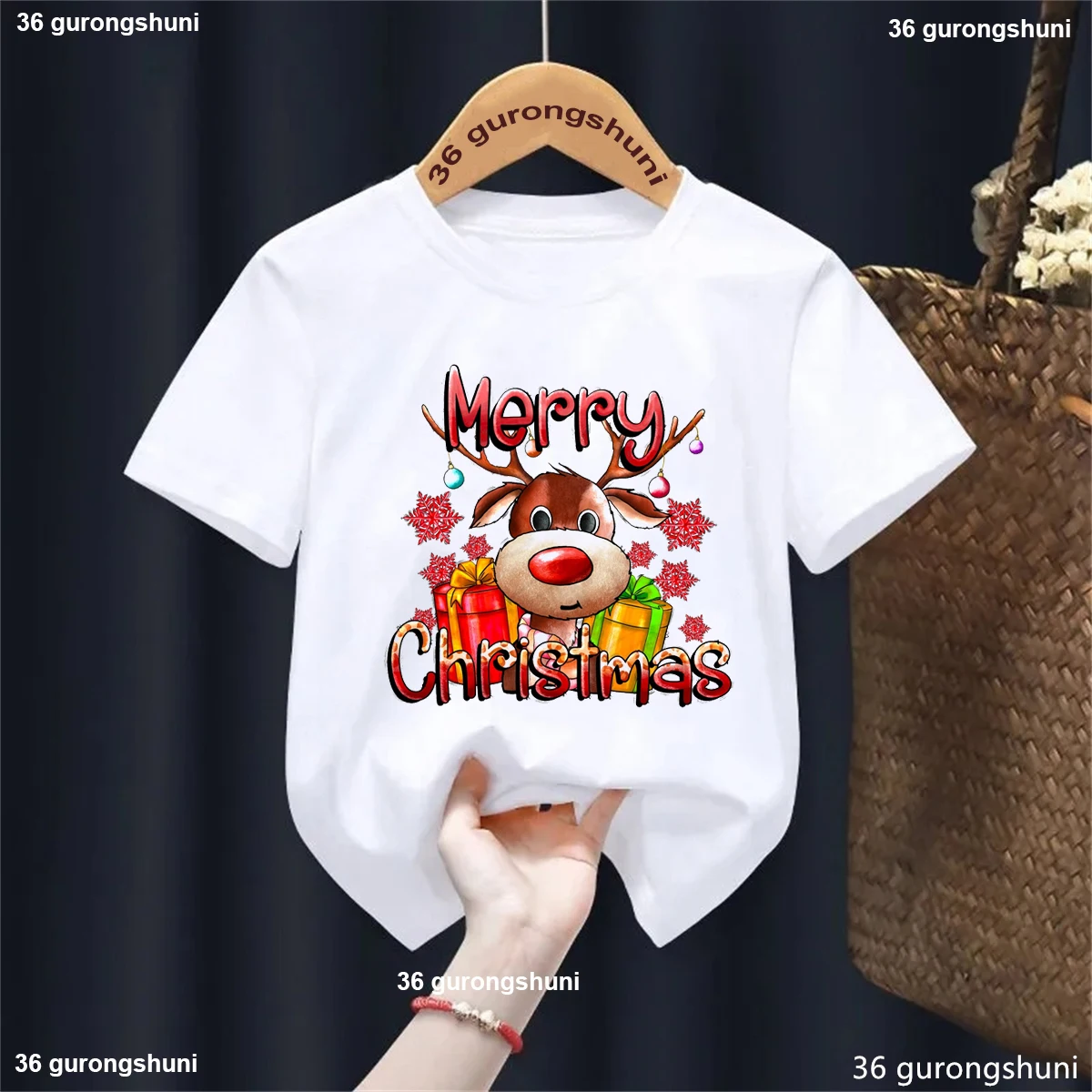 Merry Christmas Reindeer Graphic Printed T Shirt Girls/Boys Funny Xmas Gift Kids Clothes Summer Short Sleeve Solid T-Shirt Tops