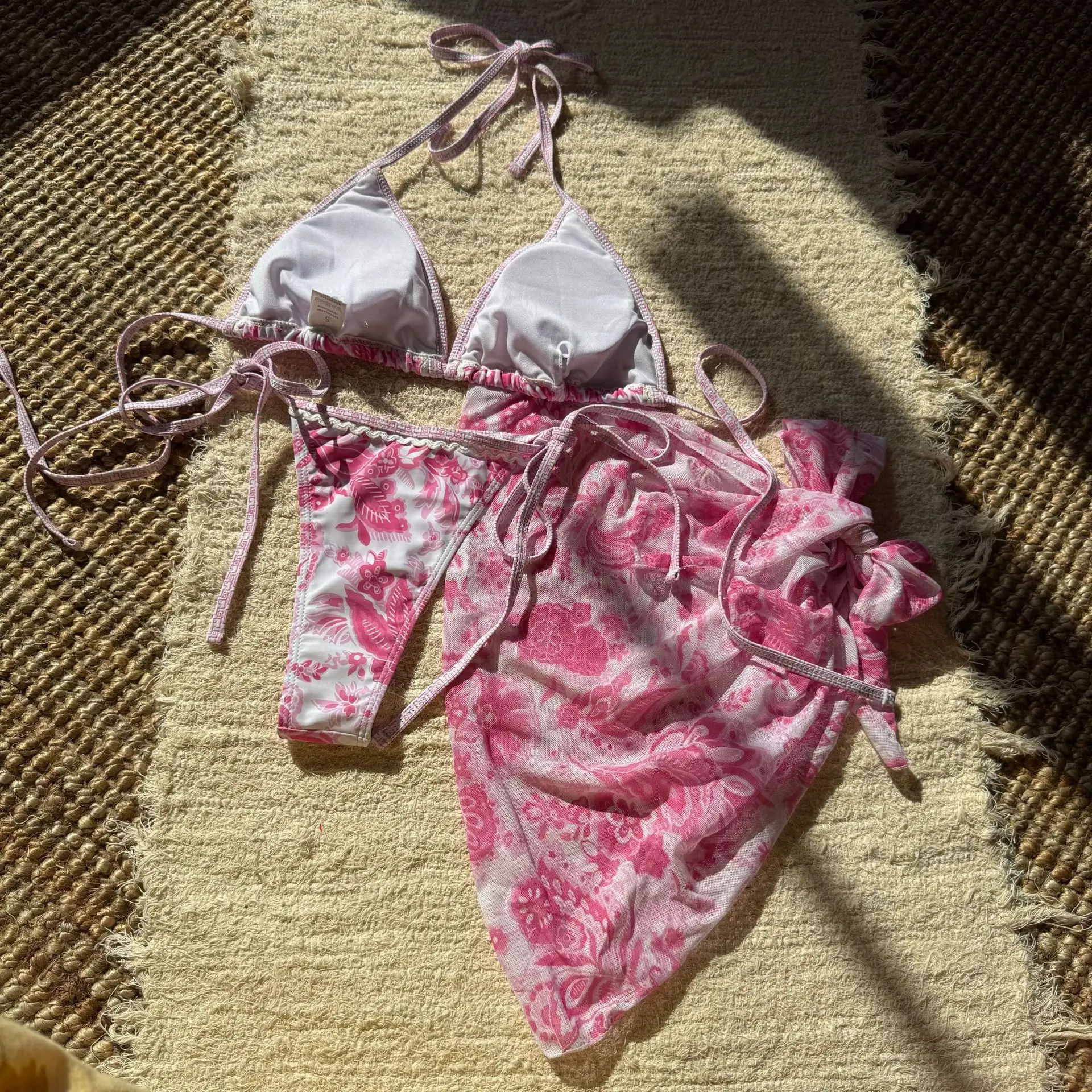 Conjuntos de bikinis con estampado vintage sexy, 3 uds. Con falda cubierta de malla, trajes de baño de encaje blanco, traje de baño, trajes de playa, bikini tankini