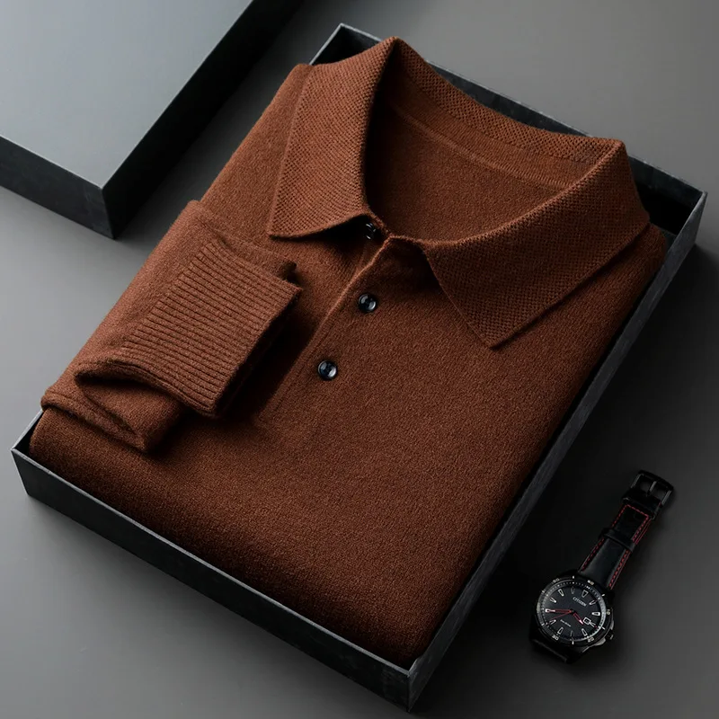 Autumn Winter Fashion Men Turnd-down Collar Button Solid Color Long Sleeve Casual Simple Basic Daily Wool Sweaters Undershirts
