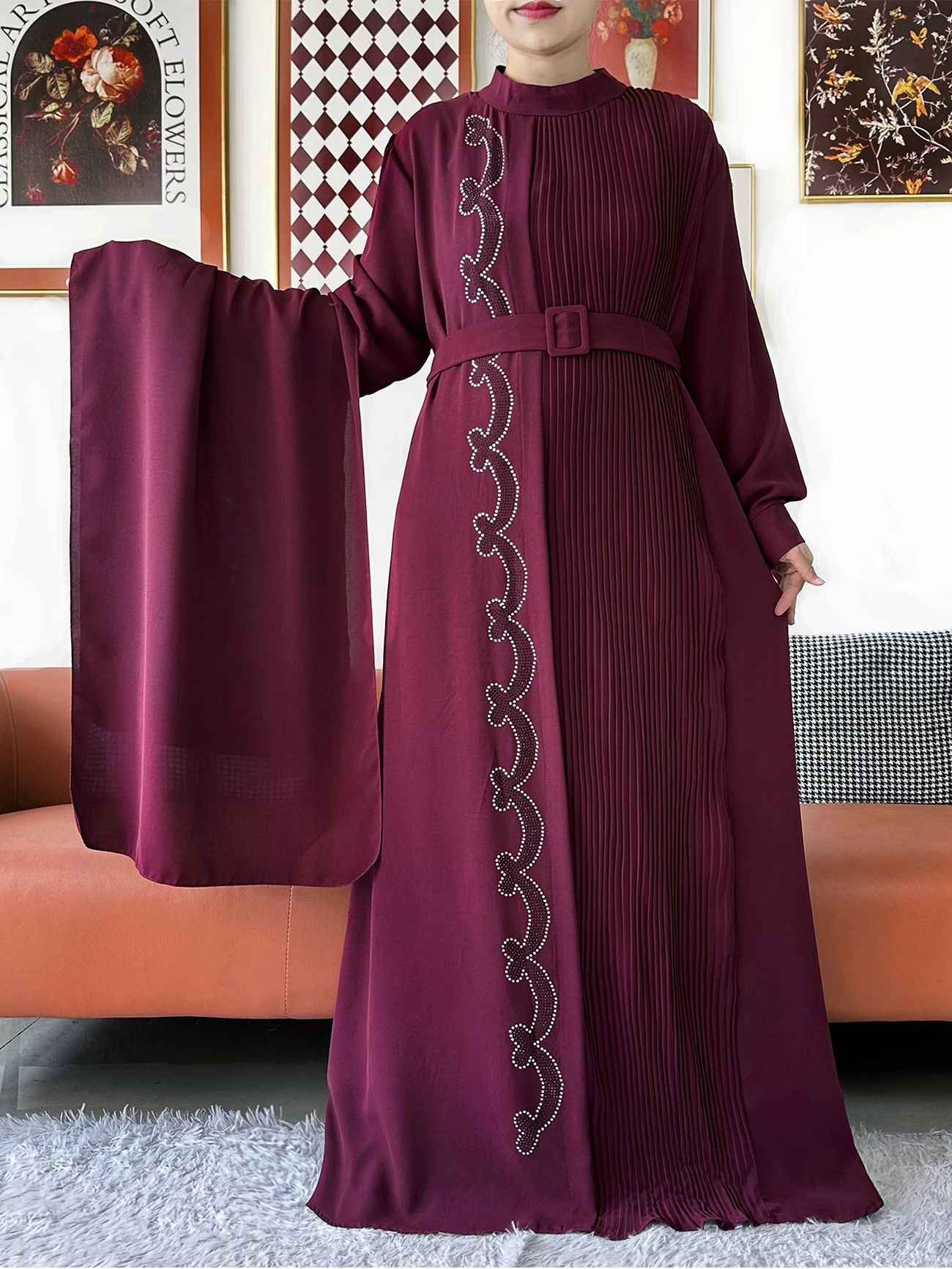 2026 Women Elegant Abaya Long Sleeve Chiffon Pleated Loose Dress Muslim Women Dress Islamic Clothing Cardigan Abaya Robe Dubai view 5