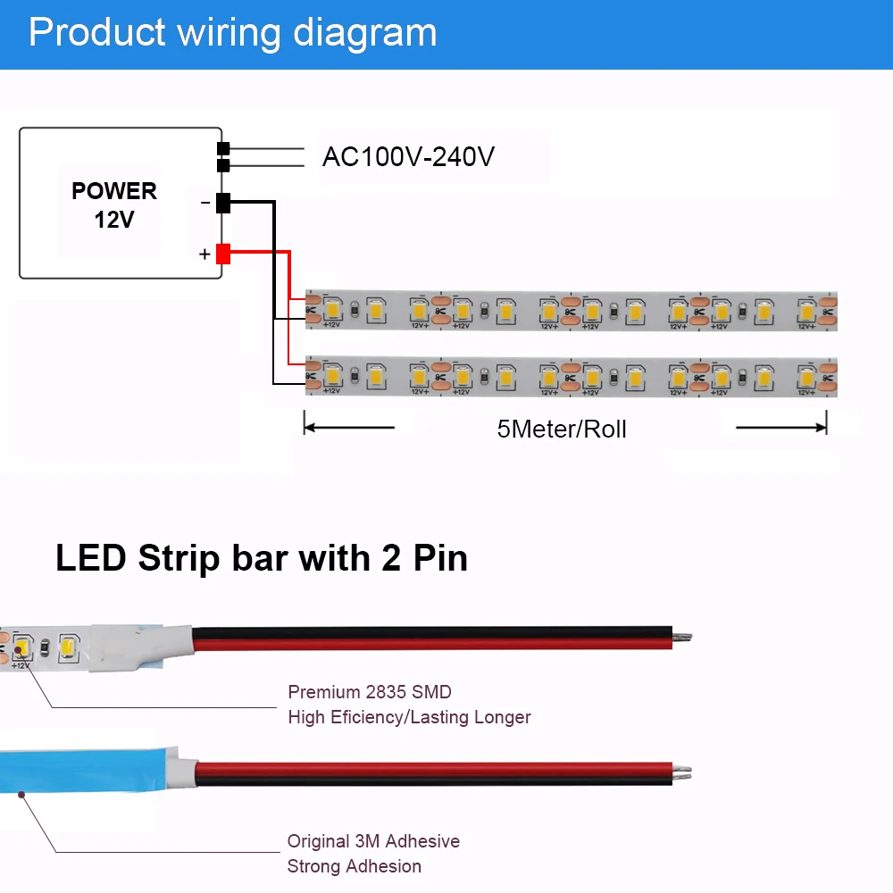 12V LED Strip SMD 2835 100M LED Stripe Tape Light 120LEDs/M Flexible Strip Ribbon Lamp Home Decor Light with 2pin Wire 9 Colors