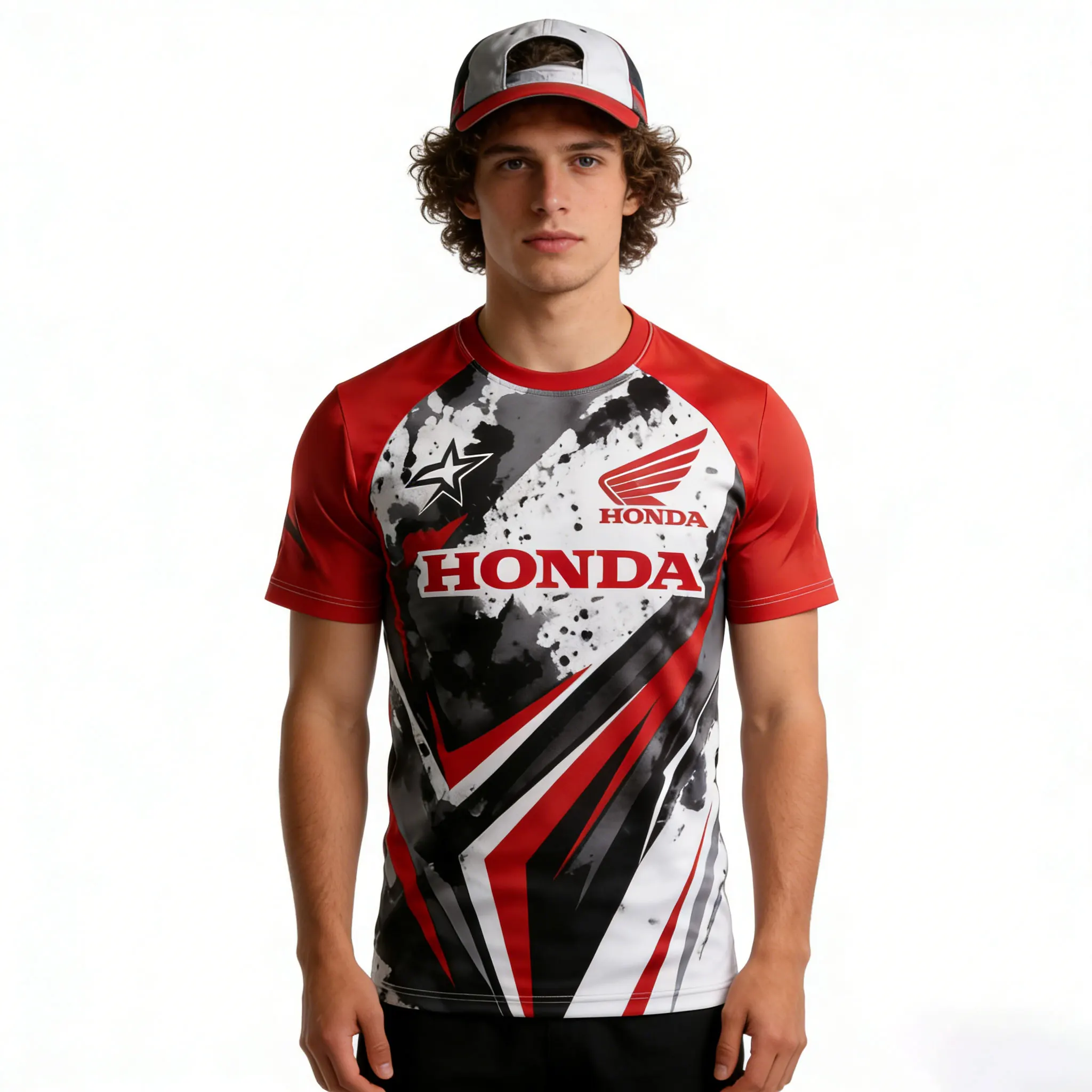 

Мужская толстовка с короткими рукавами Honda в красно-черном стиле пэчворк, дышащая, быстросохнущая, мужская спортивная футболка для фанатов, смотрящих на игру
