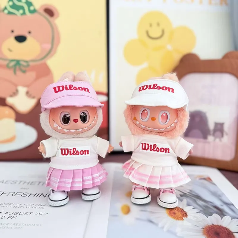 Para muñeca Labubu de 17cm, traje de tenis para V1 V2 V3, camiseta, sombrero, pantalones con Mini raqueta de pelota, ropa deportiva para accesorios de muñeca Labubu
