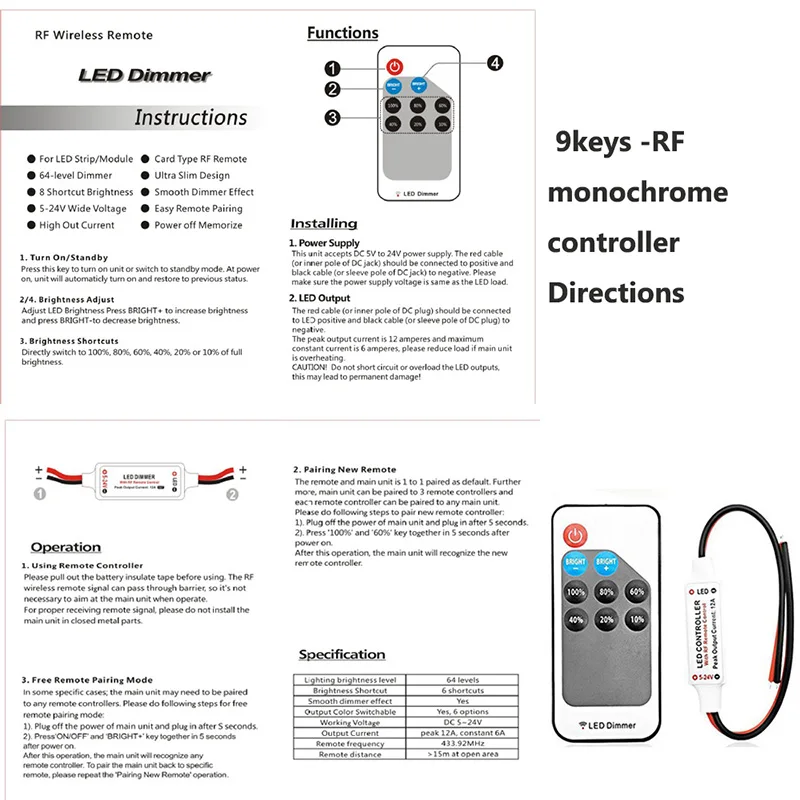 Mini DC12V-24V 9 Keys RF Wireless Single Color Controller Remote Dimmer for 3528 5050 LED Strip Light Adjust Brightness Control