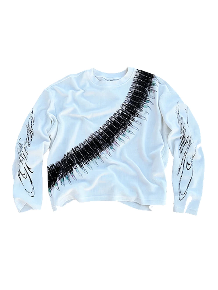 White Waffle Knit Long Sleeved T-Shirt Warm Black Diagonal Brushed Pattern Oversized round Neck Y2K Street Style Top for Women