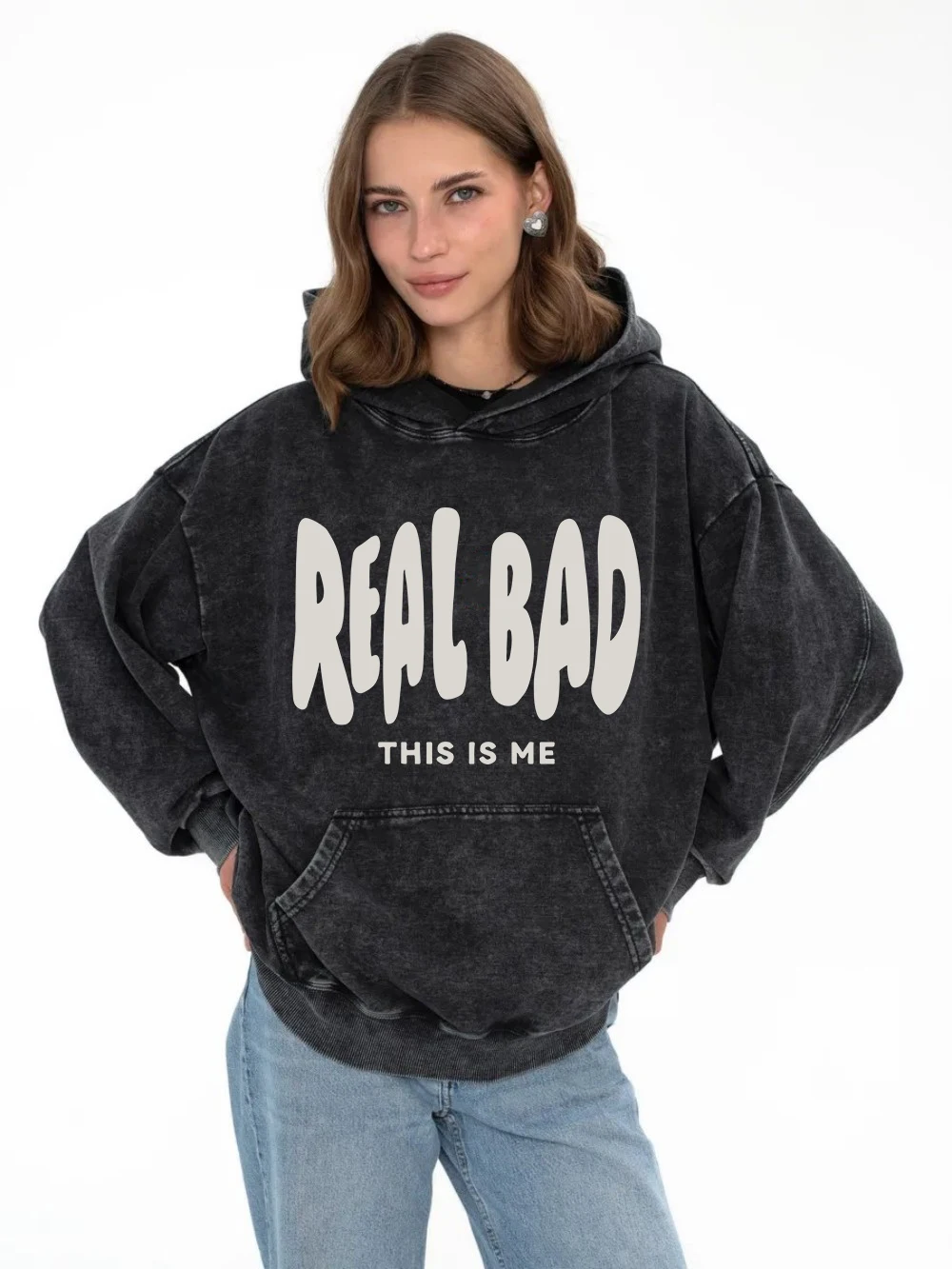 

Street Womans Acid Wash Hoodies Real Bad Simple Letter Printing Sweatshirt Retro Oversize Cotton Hoody Casual Couple Clothes