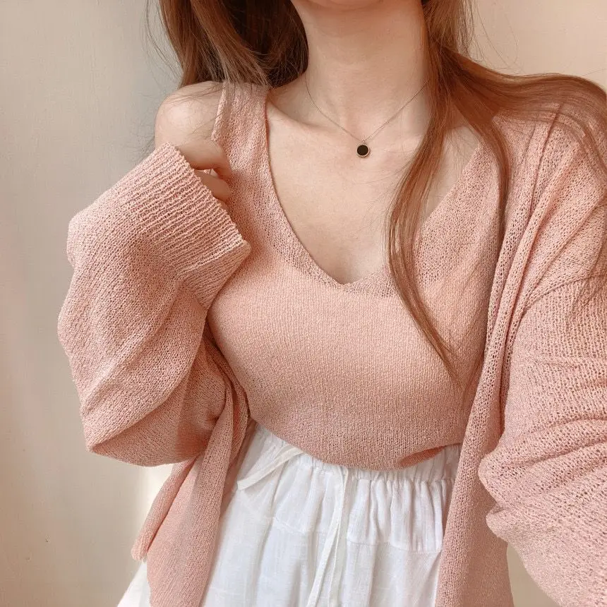 Spring New Simplicity Knitting Cardigan Women Loose Shawl Sweater Coat Large Size Casual Sling Vest Comfortable Two Piece Set