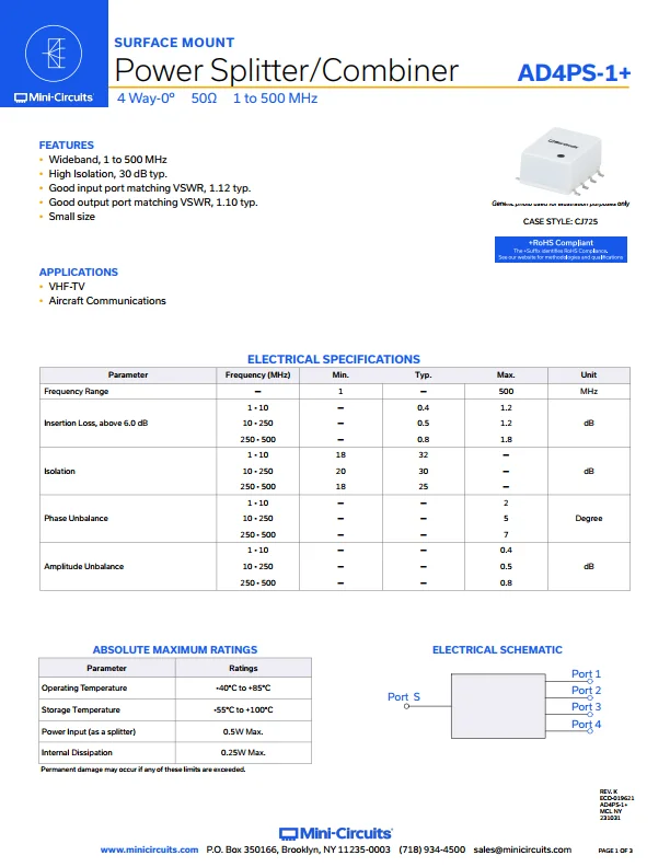 

AD4PS-1+ RF PWR DVDR 1 МГц-500 МГц 8SMD новый оригинал