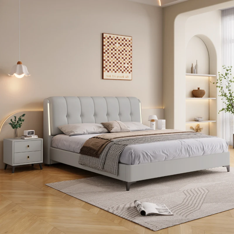 High End Double Bed Frame Modern Master Cute King Bedroom Bed Frame White Modular Genuine Leather Cama Box Casal Room Furniture