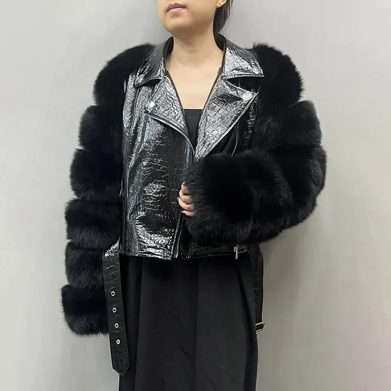 Womens Real Sheepskin Patent Leather Jacket Fashion Turn Down Collar Medium Length Leather Coat Fur Sleeve