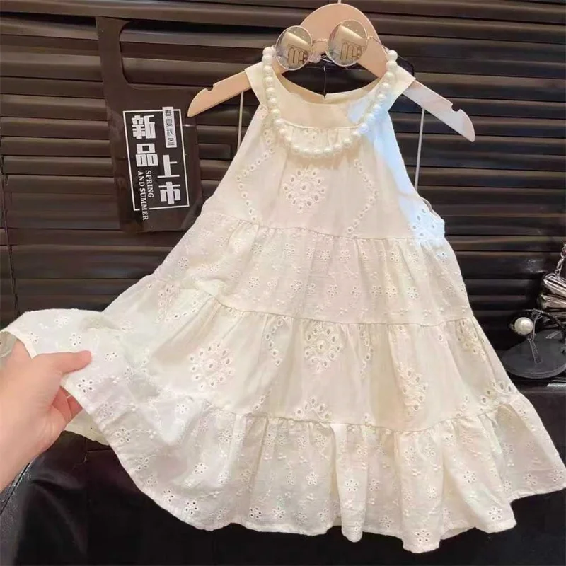 Cut-out Design Girl's Dress 2025 Summer Little Girl Fashion Sling White Holiday Medium Length Vest Dress Girls Dress 2-7Y