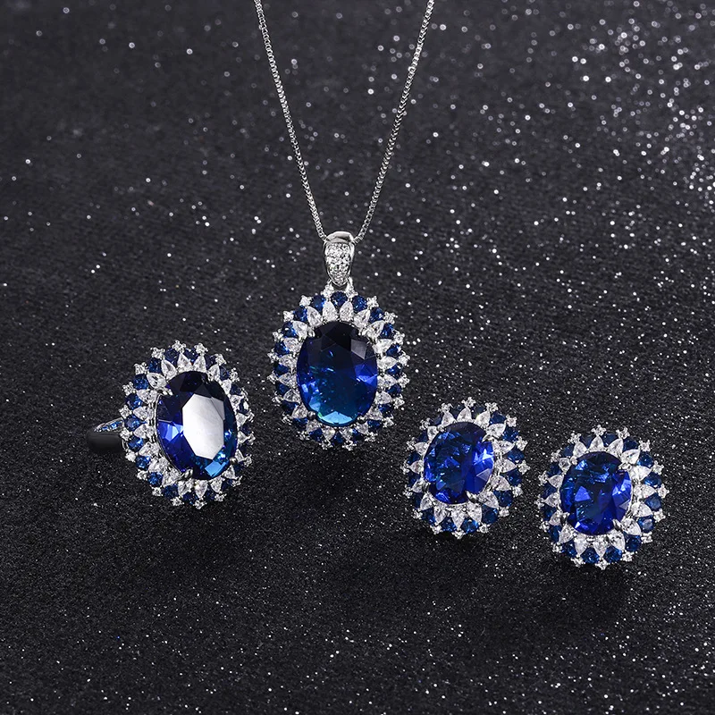 Autumn and Winter New High-end Jewelry Luxury Inlaid Popular Blue Dan-shaped Pendant Ring Three-piece Set Main Stone 12*16