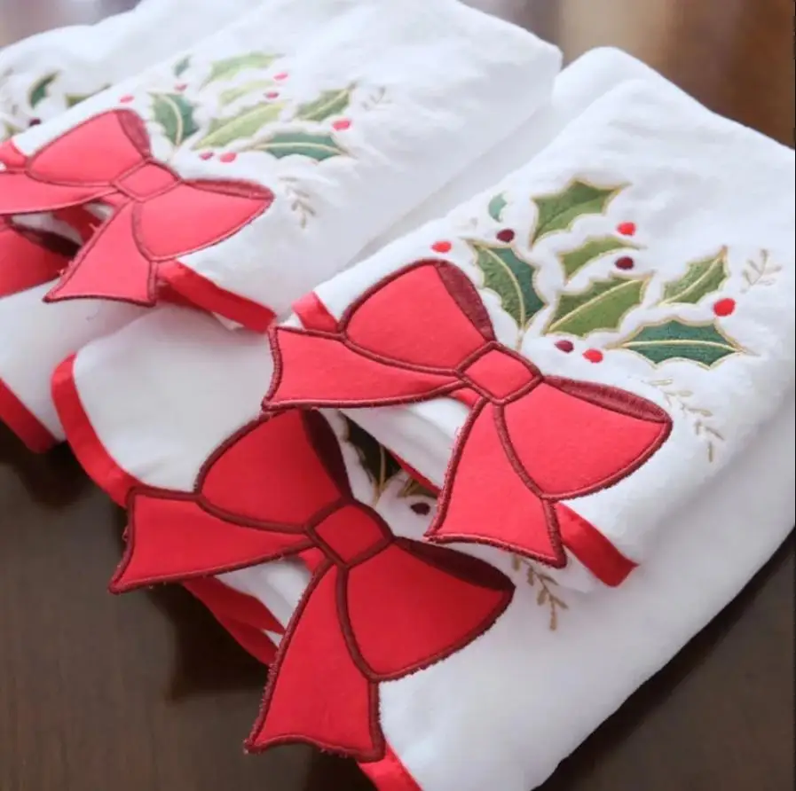 1/set，45x85cm，Christmas bow towel , pure cotton embroidered cut velvet face towel