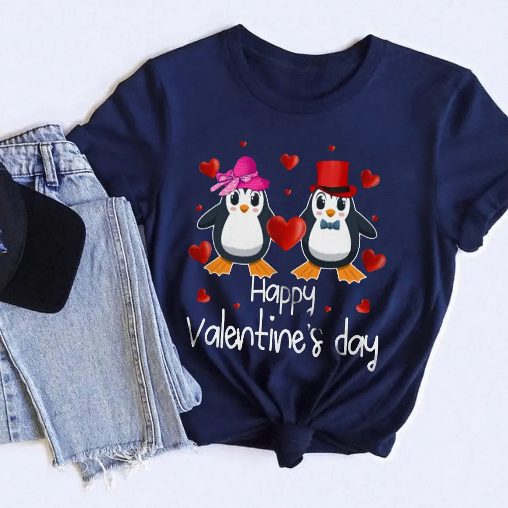 Happy Valentine's Day Lady Shirt Cute Cool Valentine Hearts Couple Penguin Animal T-Shirt High Quality Cotton Tops Short-sleeve