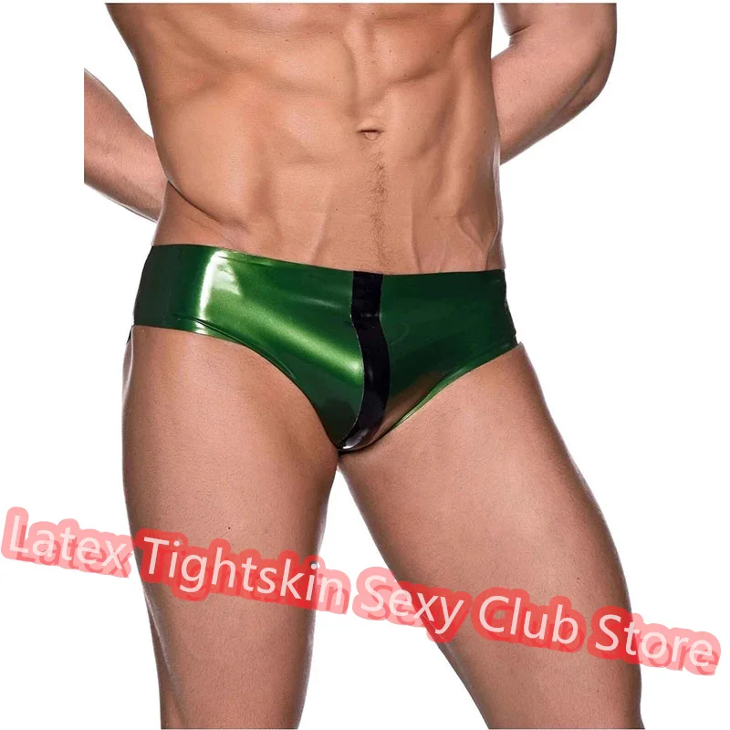 

Men Latex Briefs Metal Green with Black Sexy Fetish Shorts Handmade Underwear Club Wear for Men Cosplay Costumes