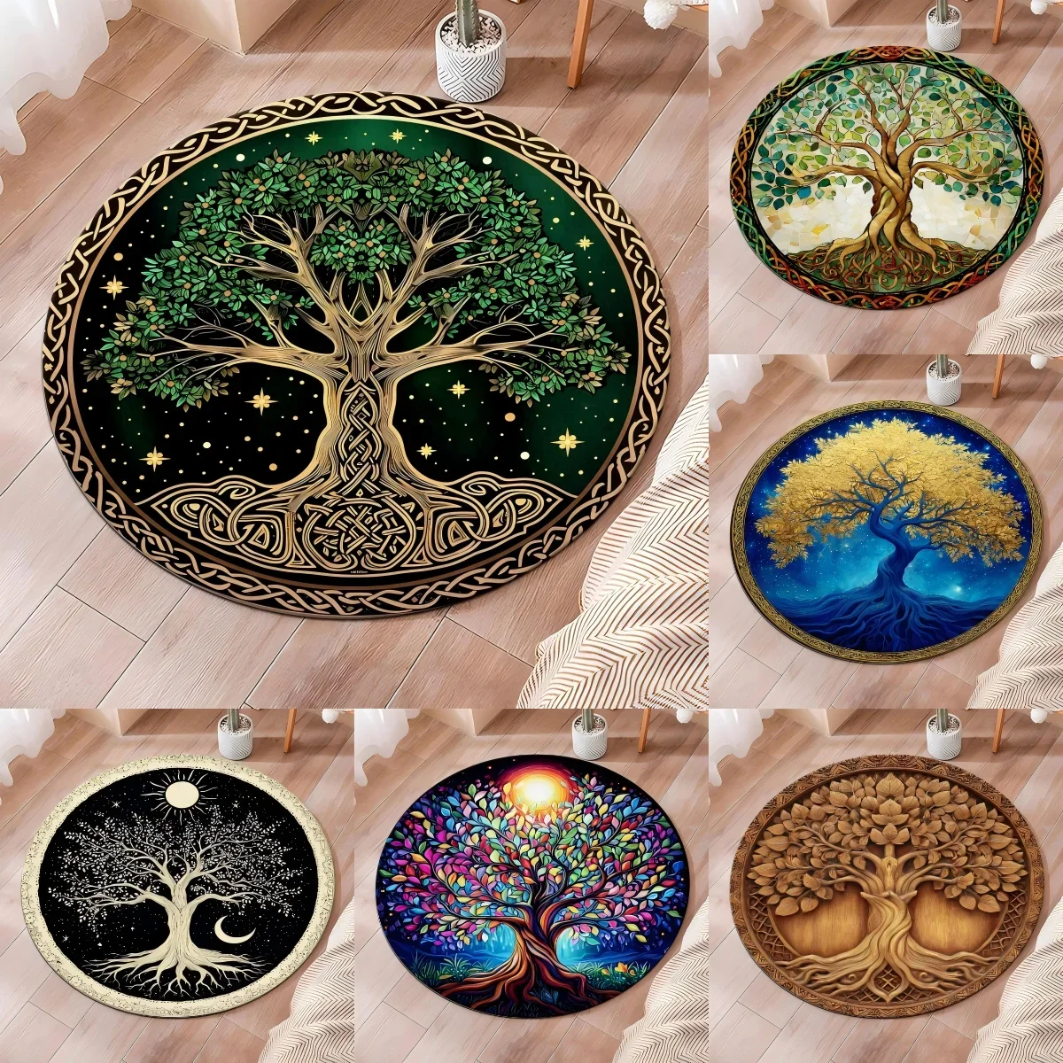 Artistic Tree Of Life Pattern Round Rug Mystical Soft Carpet With Intricate Root And Branch Designs For Living Room Bedroom
