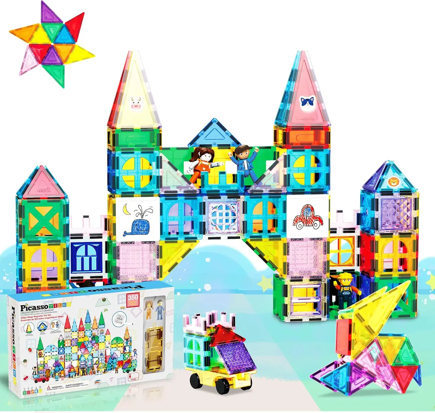 Mega bloc de Construction magnétique, ensemble de 350 pièces, blocs de Construction de carrelage magnétique avec Base de voiture, figurines de personnages, marqueurs, tableau blanc