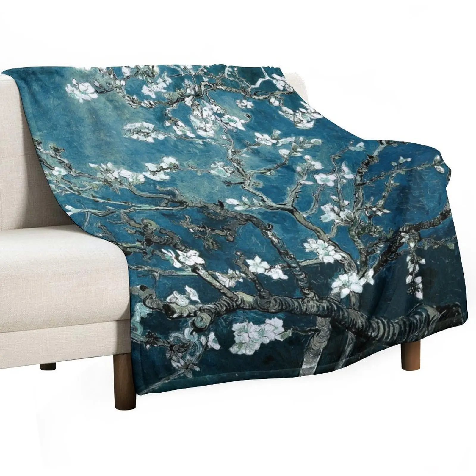 Van Gogh Almond Blossoms Dark Teal Throw Blanket For Sofa Thin bed plaid Blankets For Sofas Blankets