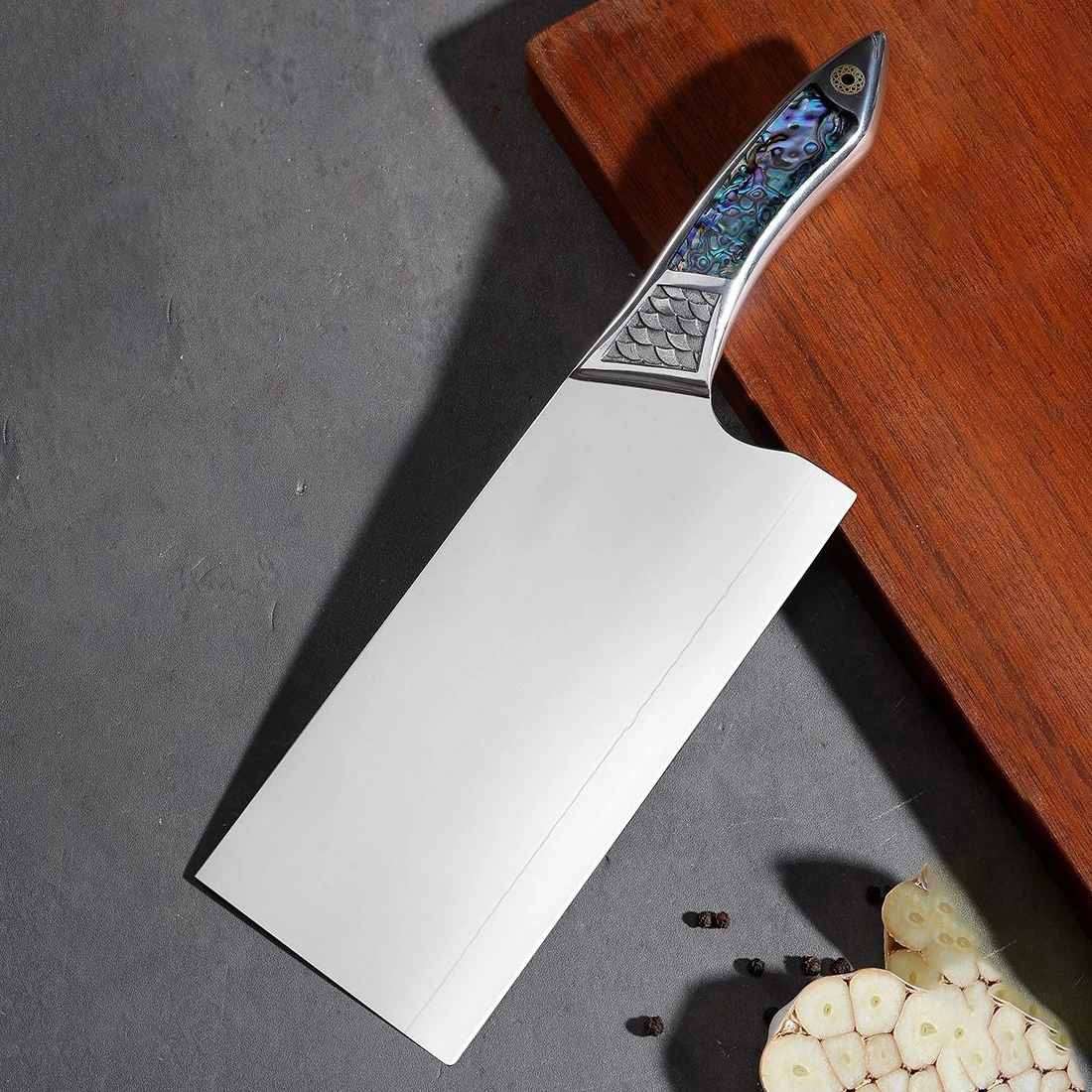 7.6 Inch Slicing Knife Welding N690Co Powder Steel Blade Abalone Shell & Steel Handle Chef Cleaver Meat Kitchen Vegetables Knife