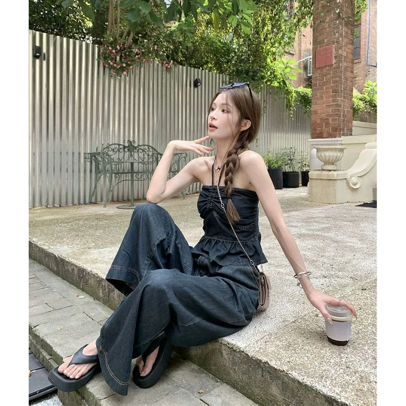 New Temperament Denim Suit Strapless Neck Tube Top Women\'s Spring Summer Loose Wide Legs Long Pants Comfortable Two-Piece Suit