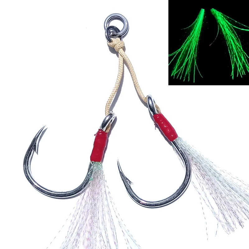 Double Hook with Feather Assist Hooks, Bkk Hooks, Slow Jig Hook, 5/0, 7/0, 9/0, PE Line, 10 Pairs