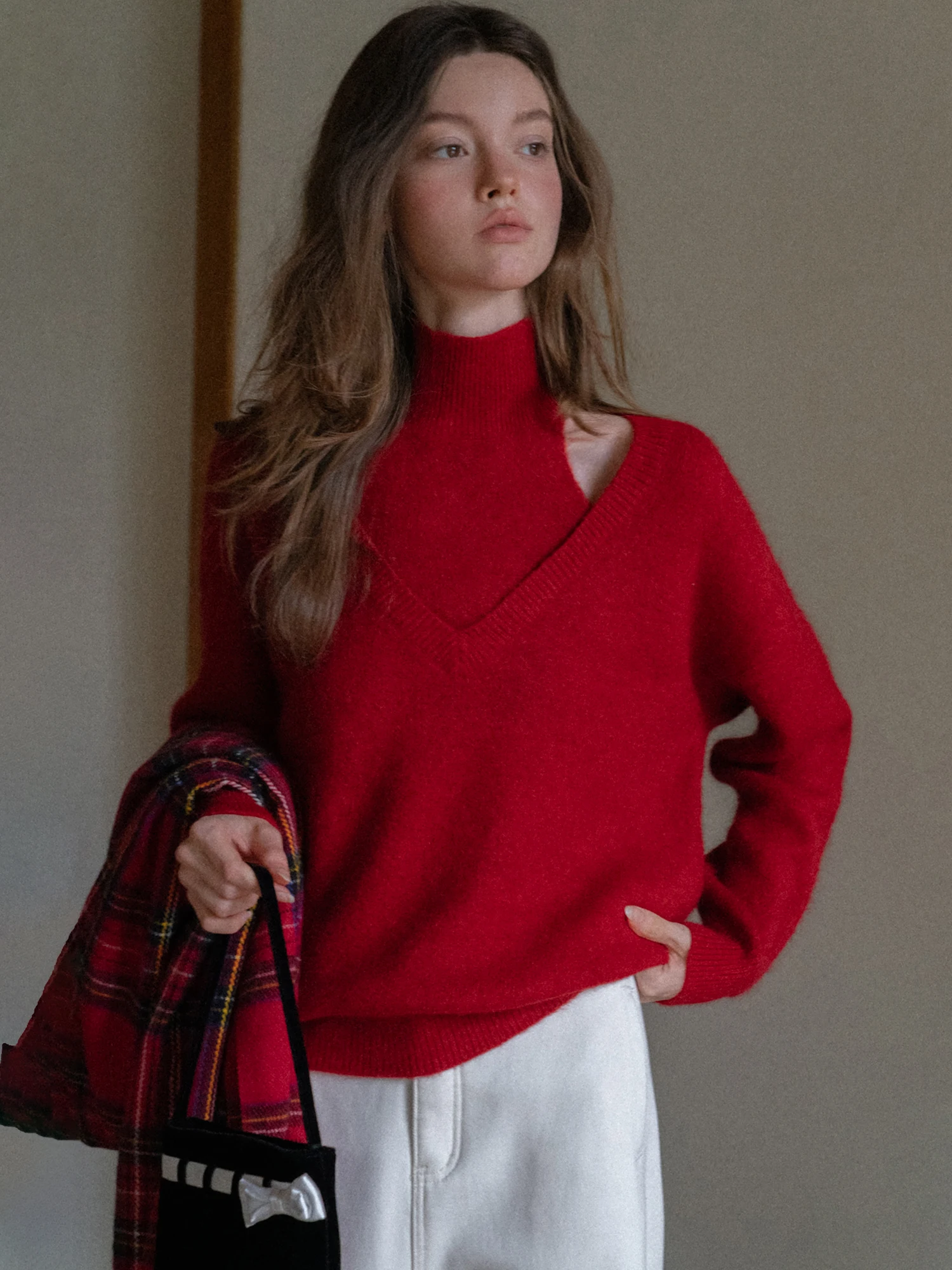 

Sweet Style Off-Shoulder High Collar Loose Fit Knitted Sweater Women's Autumn Winter Casual Top EGGKA Brand Polyester Fiber