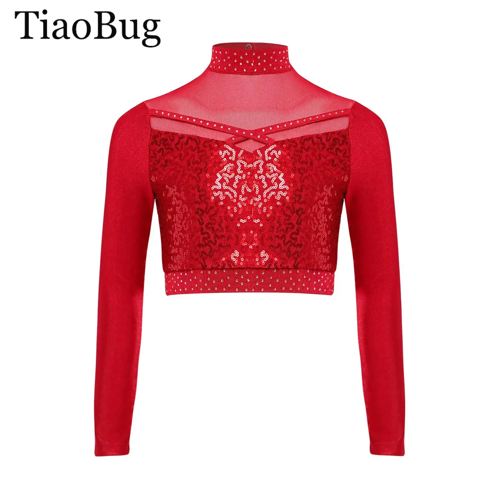 

Girls Rhinestones Figure Skating Top Long Sleeve Sheer Mesh Sequin Jazz Hip-hop Dance Crop Top Lyrical Cheerleading Dancewear
