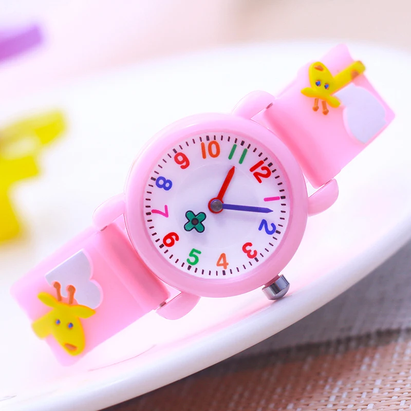 

Baby 3D Cartoon Kids Birthday Gift Old Girl Boy Children Study Time Toy Watch Clock Free Spare Battery Four Leaf Clover Hands