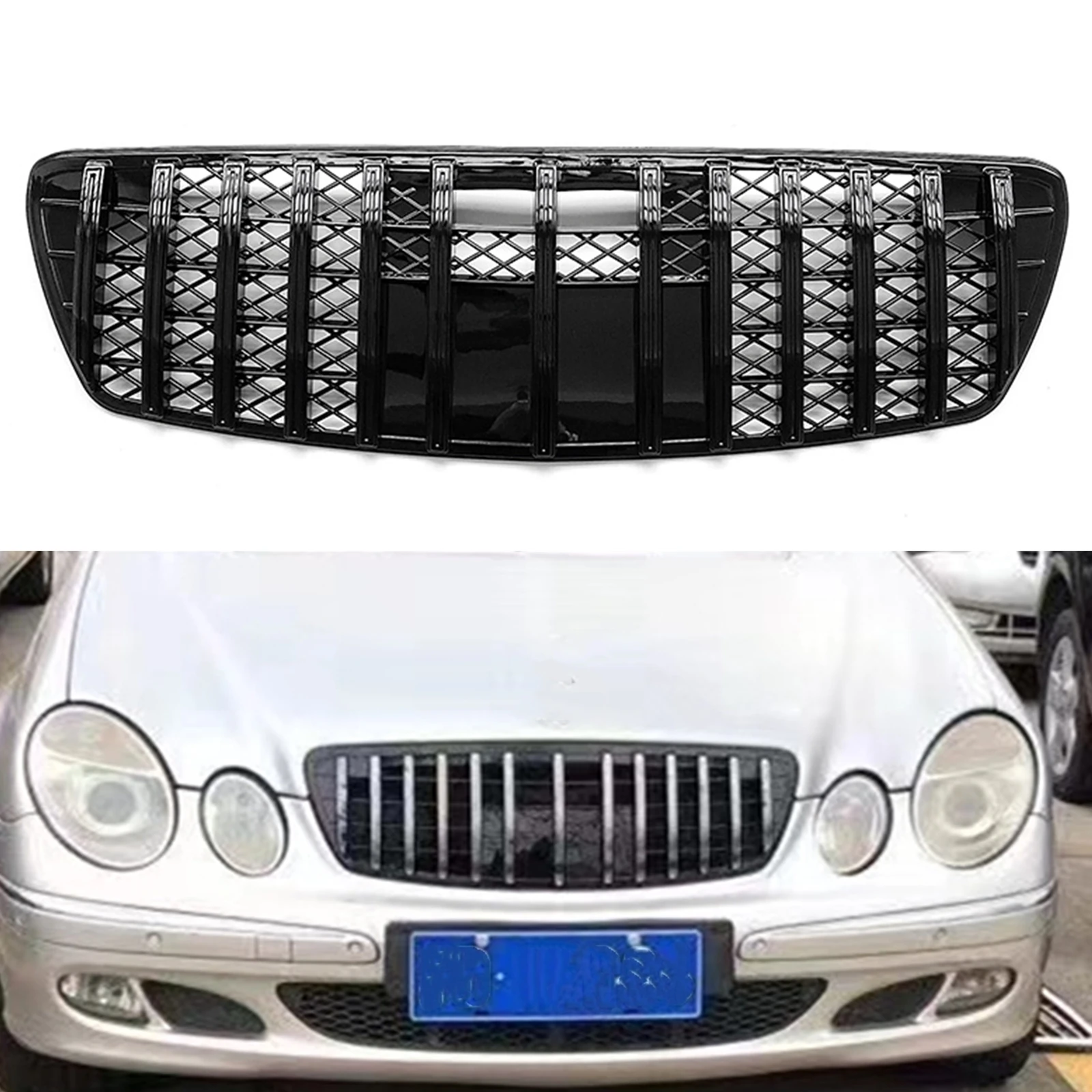 

For Mercedes Benz W211 E Class 2003-2005 E320 E500 E350 GT Style Front Grille Grill Chorme/Black Car Upper Bumper Hood Mesh Grid