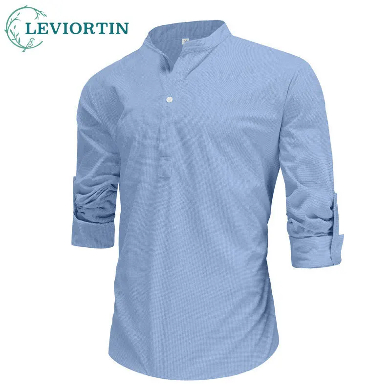 2025 Summer New Men's Wear European and American Long sleeved Stand up Collar Open Button Pineapple Grid Casual Shirt LR-144