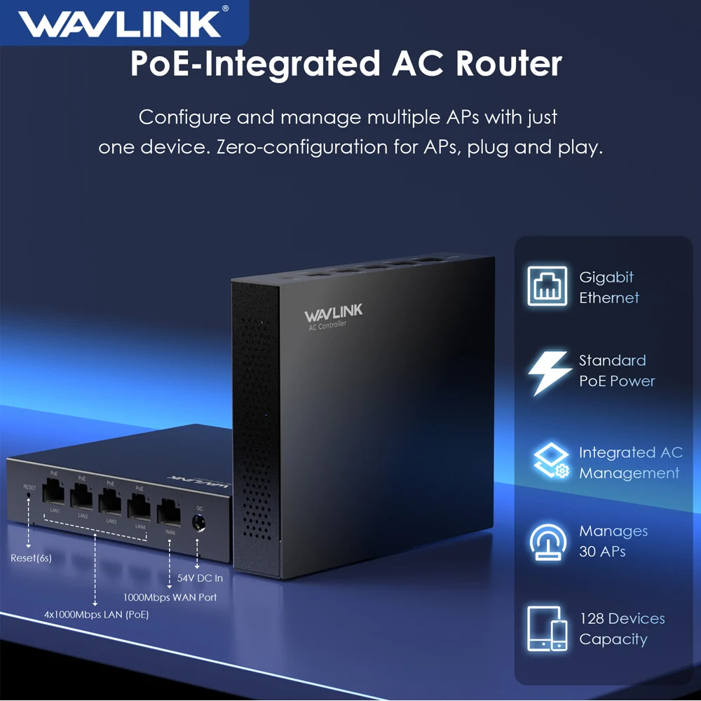 WAVLINK Gigabit PoE Switch com controlador AC Portas LAN/WAN suporta IEEE 802.3AF/AT Auto-Discovery e gerenciamento AP centralizado