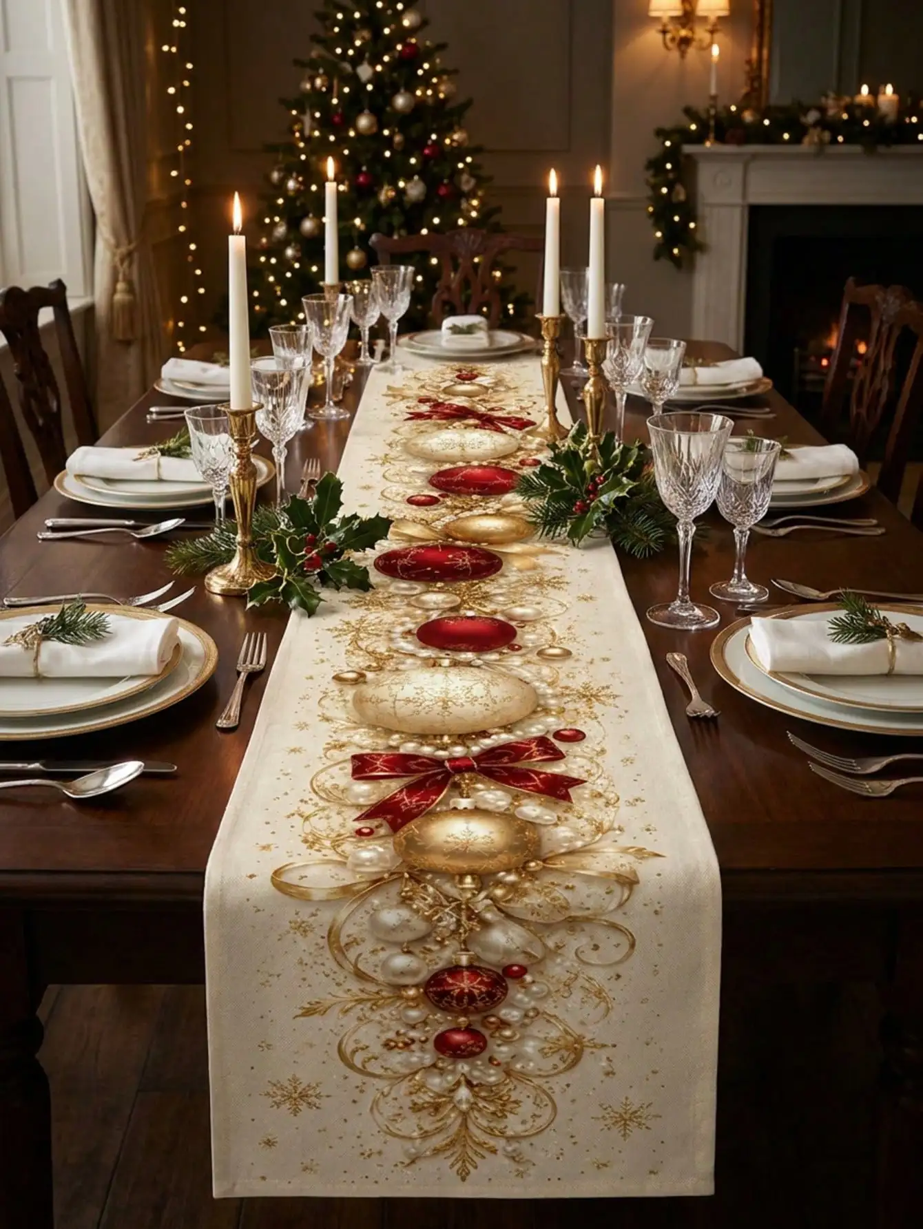 1pc Christmas Gold & Red Bow & Christmas Ball Print Table Runner, Cream White Linen-Feel Dining Table Cloth With Snowflake & Pearl Decorative Pattern, Holiday Table Setting Decor For Home Party, Christmas Dinner, Kitchen, Dining Room Tabletop