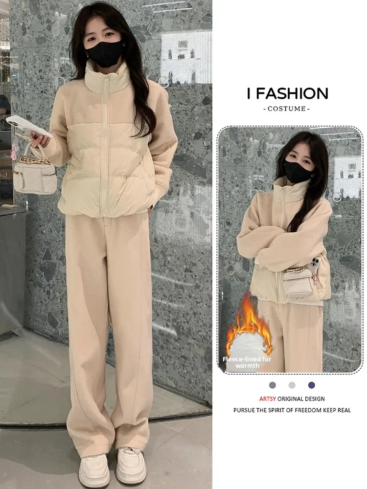 

Faionable Thiened Cotton Jaet And Pants Women's Winter Commute Warmth Set High Waist Long Pants Zipper Closure Casual S...