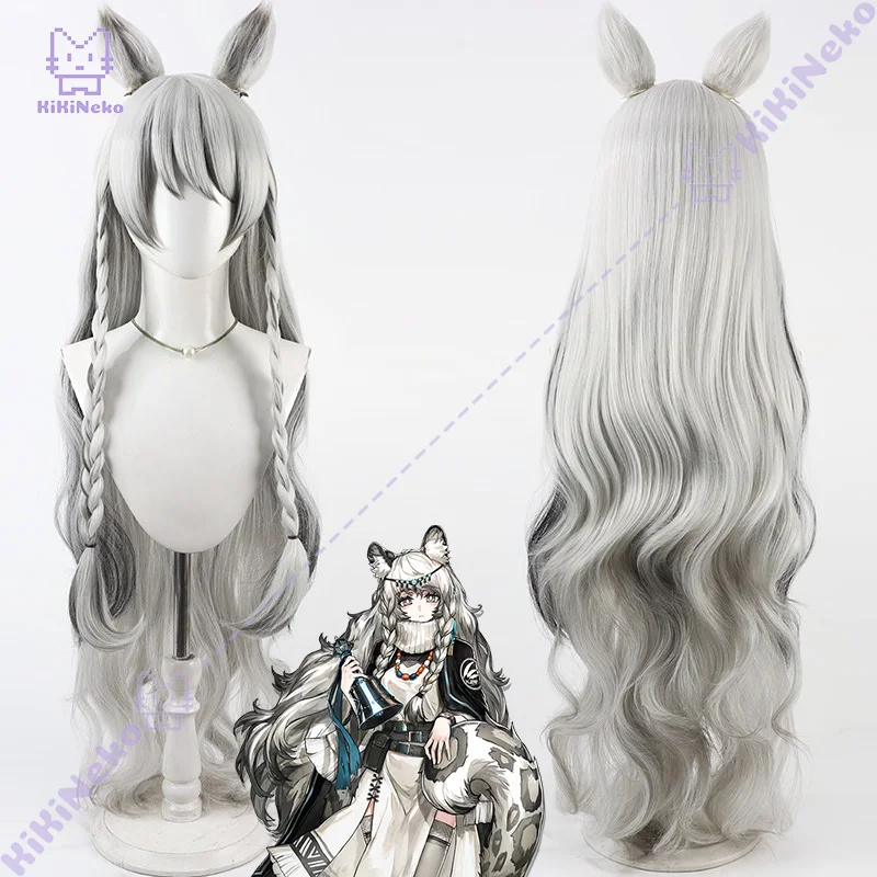 Game Arknights Pramanix Cosplay Wig Silver White Ombre Long Cosplay Wig With Detachable Ears For Comicon Party Adult Women Men